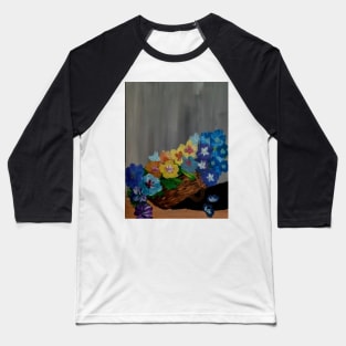 A bouquet of pansies flowers in a wicker basket Baseball T-Shirt